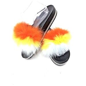 Akira Slide Sandals Rhinestones Fluffy Multicolor Faux Fur Pom Poms
